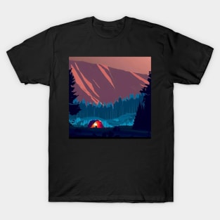 Isometric vaporwave camp in forest and mountains landscape T-Shirt